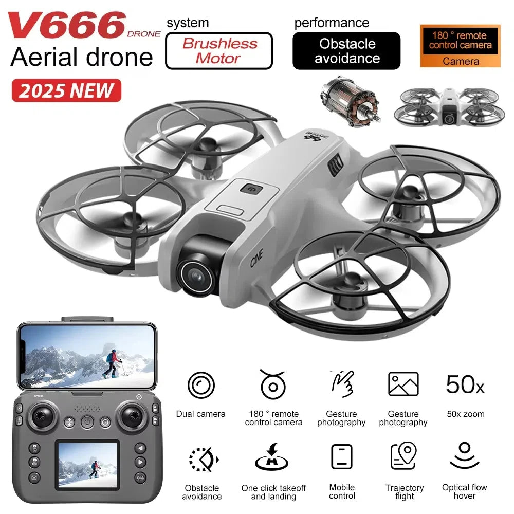 New V666 Drone Mini RC Aerial 8KHD VR Camera Foldable Intelligent Obstacle Avoidance Screen Remote Control Brushless Motor UAV
