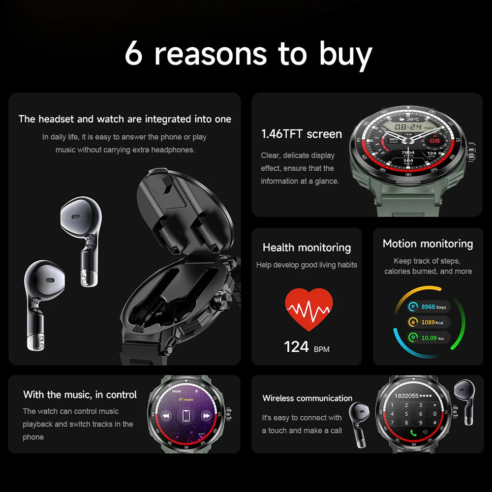 TWS 2 In 1 Smart Sports Watch Touchscreen Wireless Bluetooth Headset Calling Health Monitor Fitness Record Watches With Headset