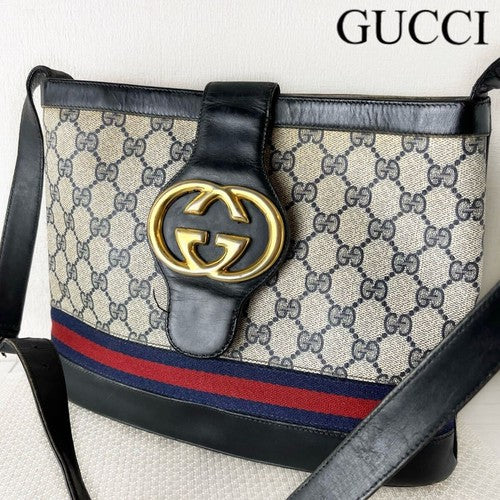 Old GUCCI GG Supreme Sherry Line Shoulder Crossbody Bag Interlock Gold Hardware