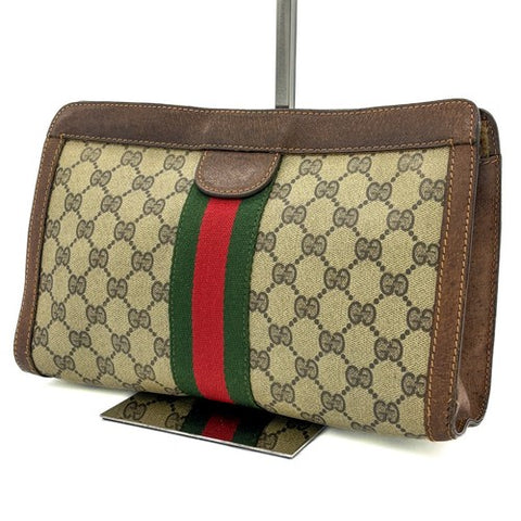 Vintage GUCCI Clutch Bag Purse Sherry Line GG PVC Leather Brown Auth